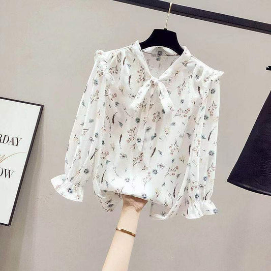 Design Niche Women's Shirts Women's Chiffon Three-quarter-sleeved Shirt Floral Shirt Temperament Elegant Bow Fabric Light and Breathable