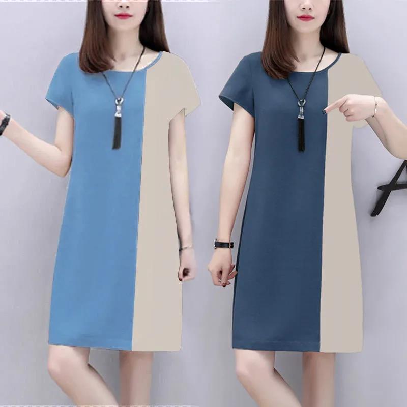 Round Neck Short-sleeved A-line Skirt Loose Dress Women's Summer Loose Loose and Thin Cover Meat Casual Skirt Stitching Color Dress