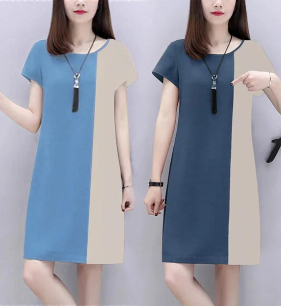 Round Neck Short-sleeved A-line Skirt Loose Dress Women's Summer Loose Loose and Thin Cover Meat Casual Skirt Stitching Color Dress