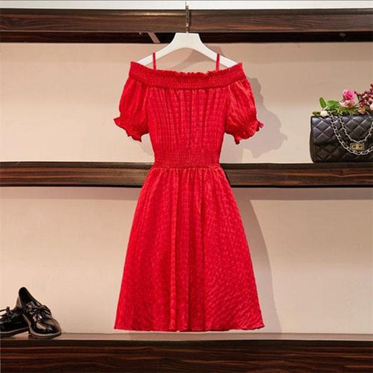 Women's Large Korean Elegant Belly Covered One Shoulder Red Suspender Dress