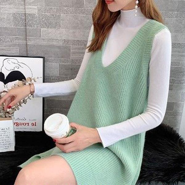 Autumn and Winter Long Knitted Sweater Loose V-neck Versatile Dress Casual Solid Color Women's Vest Dress