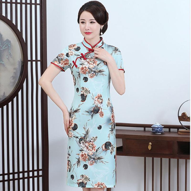 Cheongsam Female Summer Improved Cheongsam Mother Dress Large Size Silk Mid-length Short-sleeved Cheongsam Dress