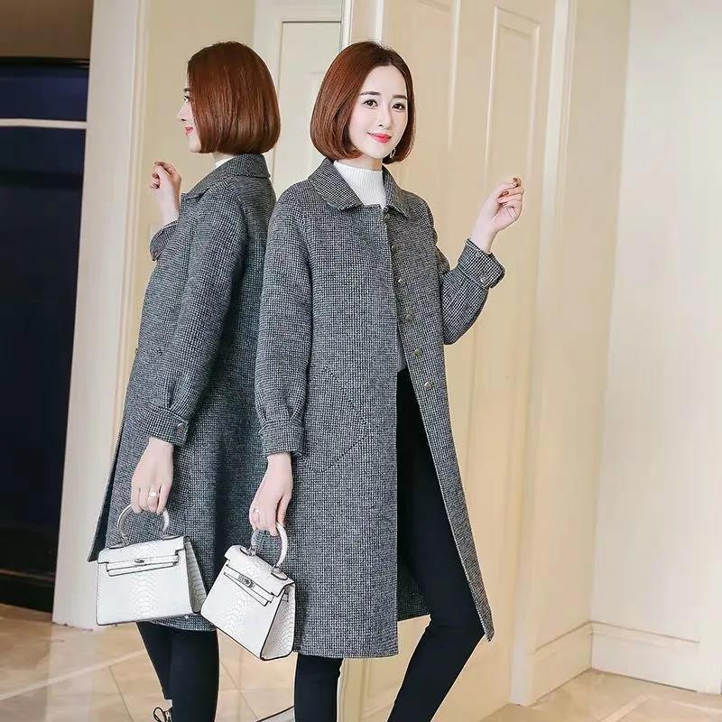 Woolen Coat Women Can't Afford To Ball Mid-length Autumn and Winter Houndstooth Loose Doll Collar Woolen Coat