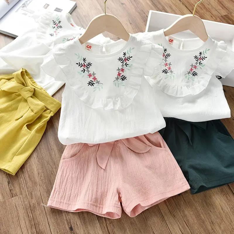 Summer Casual Children Sets Chiffon Flowers Blue T-shirt Pants Girls Clothing Sets Kids Summer Set for 3-7 Years