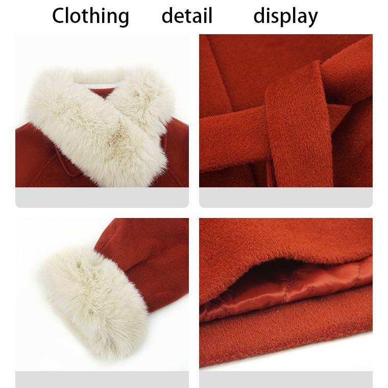 Red Coat Women Winter Quilted Woolen Coat Loose Waist Mid-length Thick Woolen Coat Fluffy Fur Collar Keeps Warm and Soft