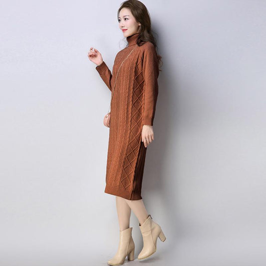 Women dress fall winter pure color Knitted Sweater Dress Long Sleeve casual ladies Pullover dresses