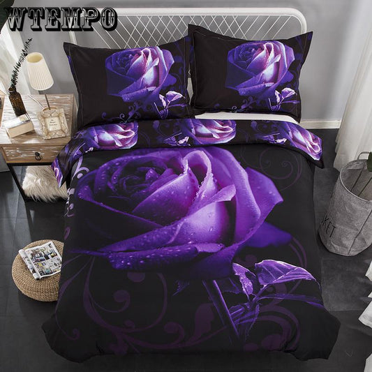 3D Purple Rose Duvet Cover Set Cotton Polyester HD Bedding Set 3pcs Bedclothes