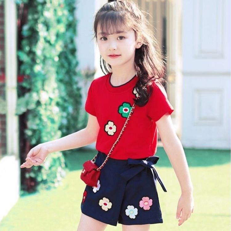 2PCS Children Clothing Set Spring Summer Girls Suits Embroidery Short Sleeve Tops + Pants Clothing Set