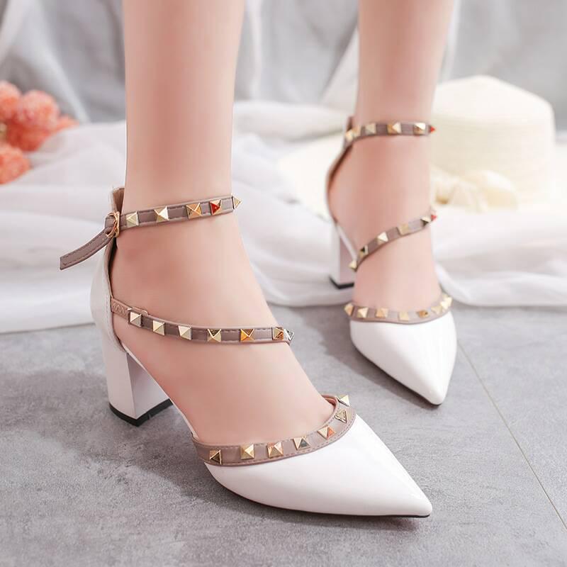 Ladies Patent Leather Winding Strap Sandals Rivets Heel Shoes Fashion Pointed Toe Stiletto Shoes