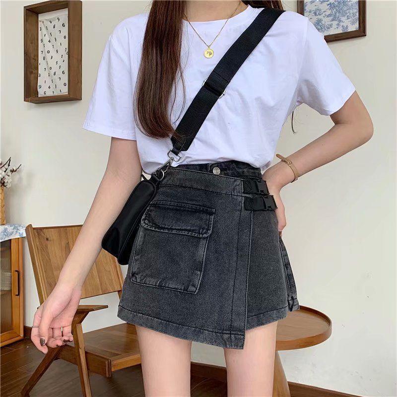 WTEMPO Big Pocket Irregular High Waist Denim Shorts Women Loose Wide Leg A-line Casual Shorts