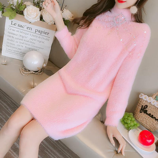 Autumn and Winter Temperament All-match Dress Beaded Mohair Knitted Sweater Dress Loose Mid-length Female Base Dress