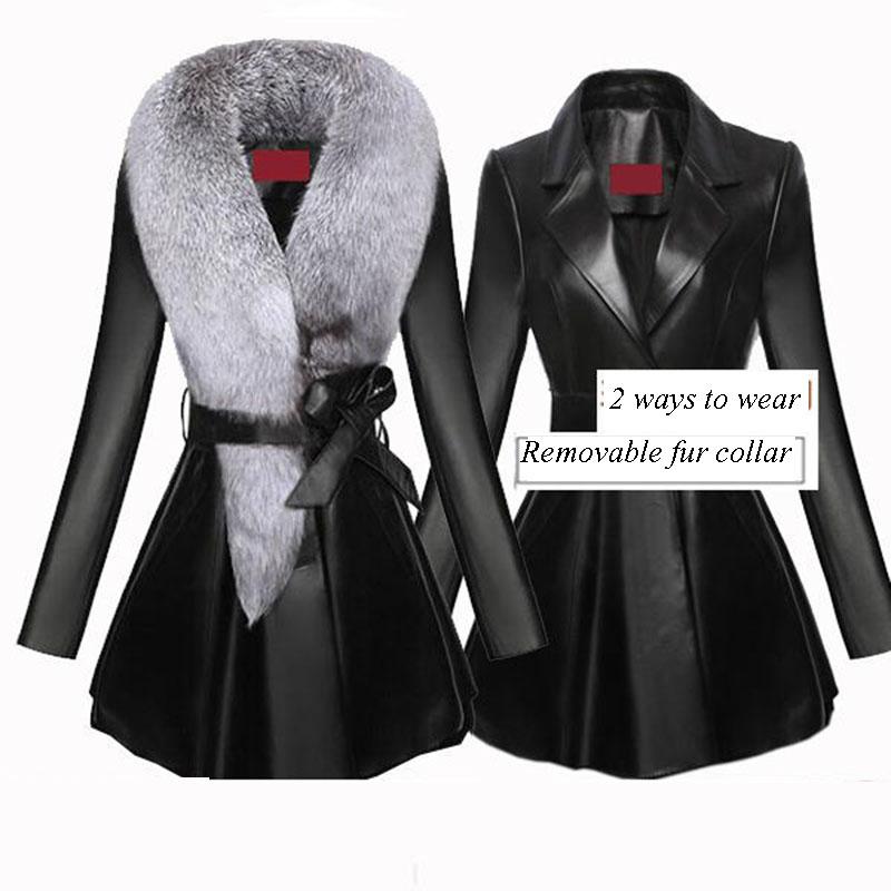 Winter  Women's Mid-length Leather Trench Coat and Cotton Coat Slim PU Fur with Faux Fox Fur Collar