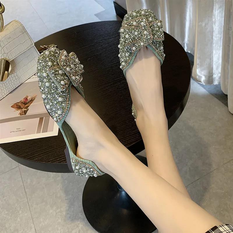 Single Shoes Women Spring and Summer Korean Version of Square Toe Flat Pearl Rhinestone Grandma Shoes Soft Sole