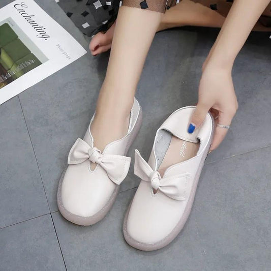 Women's Two Ways To Wear Small White Shoes Spring Shallow Ladies Shoes Flat Bow Soft Bottom Home Comfortable Mother Shoes Slip-on Student Casual Shoes