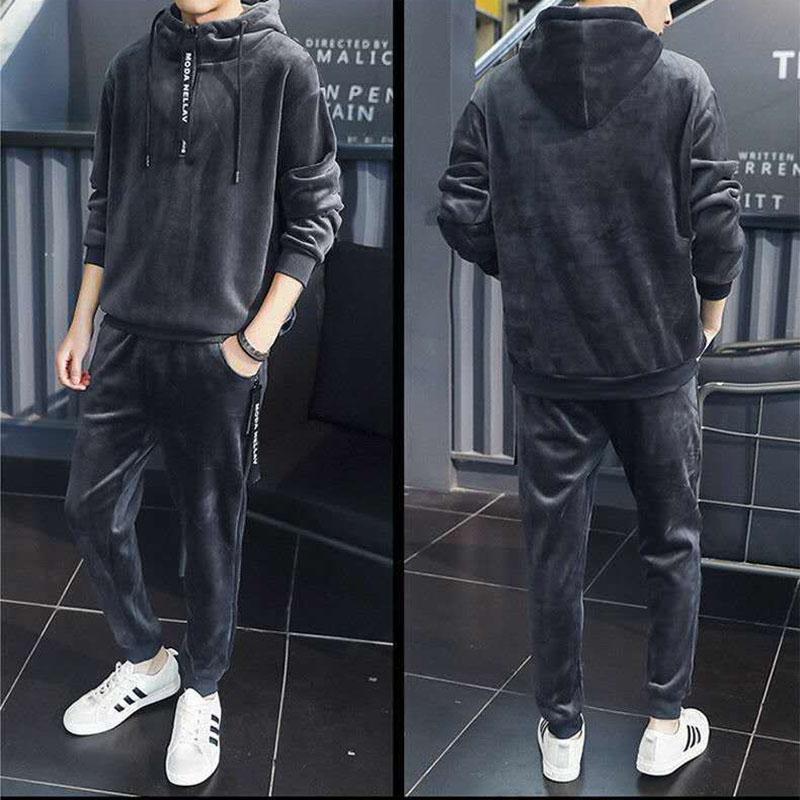 Gold Velvet Men's Sweater Suit Winter Fashion Hooded Plus Velvet Thick Korean Casual Sports Jacket