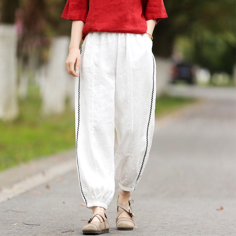 WTEMPO Cotton and Linen Embroidered Pants Summer Bloomers Women High Waist Harem Pants Loose Casual Trousers