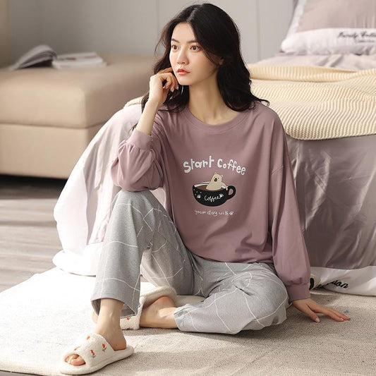 Cotton Pajamas for Women Long Sleeve Home Wear Set Spring Autumn Pullover Pyjamas Suit Cartoon Cute Sleepwear Loose Casual Nightwear Tops and Pants