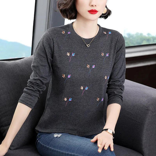 T-shirt Women's Long-sleeved Spring and Autumn Middle-aged Top Large Size Loose Thin Bottoming Shirt