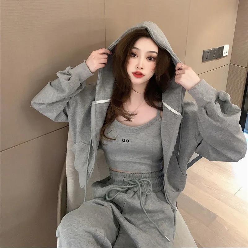 3PCS Women's Casual Sports Suit Autumn Loose and Thin Sweater Coat + Vest + Leggings Trousers Three-piece Zipper Cardigan Suit Girls Athletic Clothing