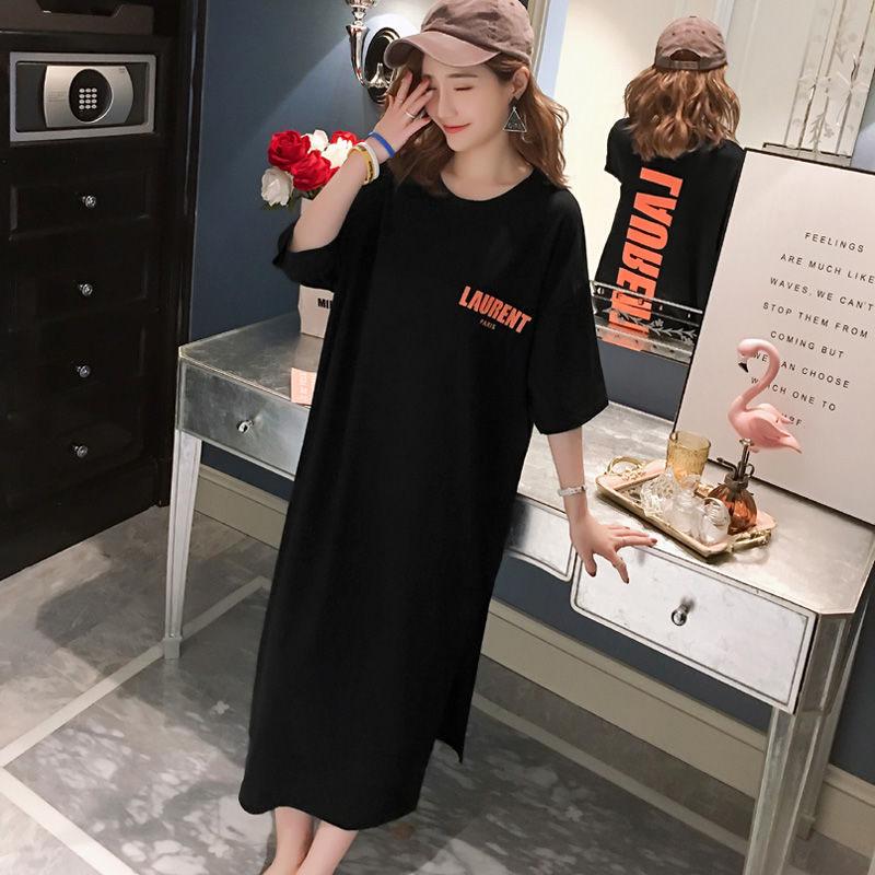 Women Dress Girl Loose O-Neck Batwing Sleeve Cotton Casual T-shirt Dress Long Style Vestido