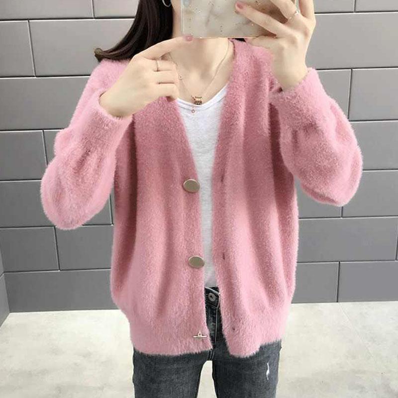 Autumn and Winter Mohair Knitted Jacket Cardigan Simple Casual Sweater Loose Long-sleeved Women's Top