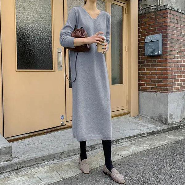 Autumn and Winter Long Sweater Skirt Over The Knee All-match Women's Pullover Long Sleeve Loose Large Size Sweater