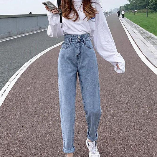 Women's Loose Large Size Streetwear Haren Pants Solid Color Jeans High Waist Slim Versatile Long Straight Pants