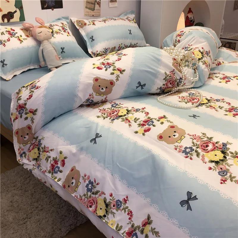 Simple Floral Cotton Bedding, Large Washed Cotton Double Bed Single Quilt Cover Four-piece Set