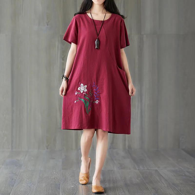 Women's Summer Cotton Hemp Loose Large Size Embroidered Dress Short Sleeve Solid Color Casual Mid-length Dress