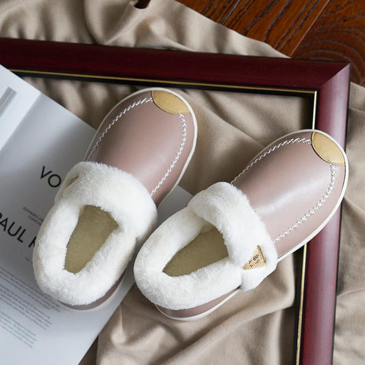 Cotton Slippers Women's Winter Bag and Home Indoor Warmth Waterproof Non-slip Thick-soled Couple Warmth Soft Leather Slippers