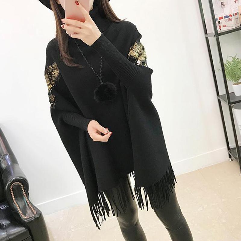 Turtleneck Fringed Sweater Women's Mid-length Korean Version of The Loose Large Size Cloak Coat Knit Bat Shirt