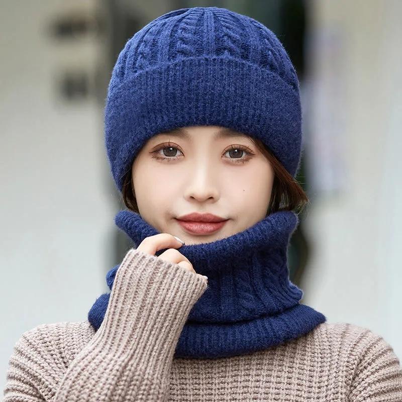 Women's Cotton Cashmere Hat Winter Warm Woolen Mother Hat Dome Hat Scarf Set Neck Ear Protection Mask Cap Set Simple Classic Knitted Top Caps