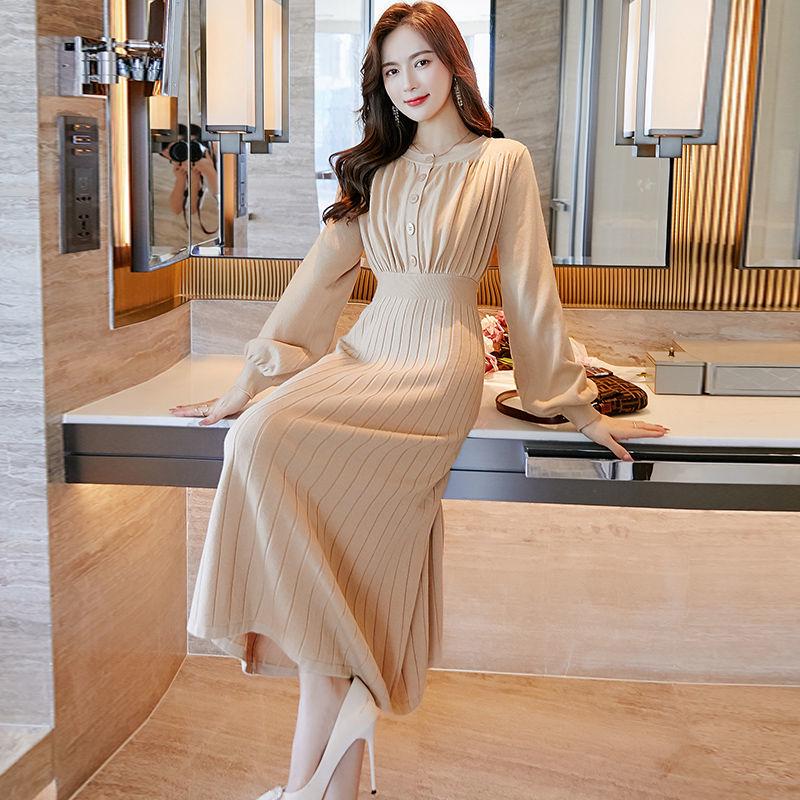 Winter Autumn Women's Long Slim Bottoming Skirt Lantern Sleeve Knit Sweater Dress