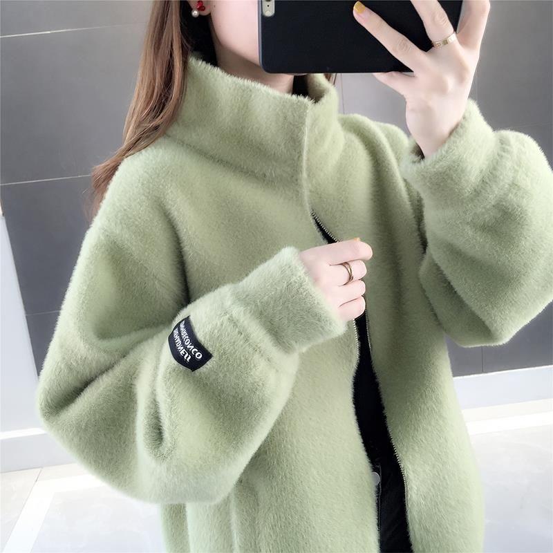 Autumn and Winter Mohair Loose Coat Short Knit Cardigan Tops Solid Color High Neck Women's Coat