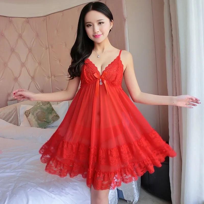 Plus Size Women's Sexy Sweet Lace Mesh Pajamas Dresses Summer Loose Slings Transparent See-through Nightdress Panties Two Piece Set