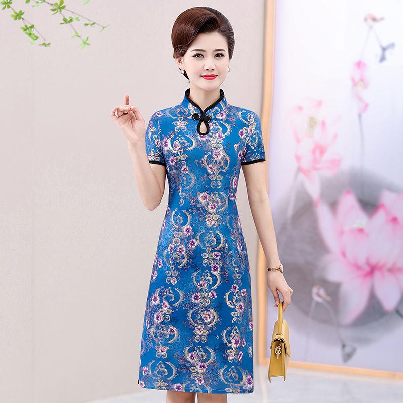 Summer Improved Cheongsam Female Mother Dress Retro Short-sleeved Dress Mid-length Middle-aged and Elderly Printed Cheongsam Dress