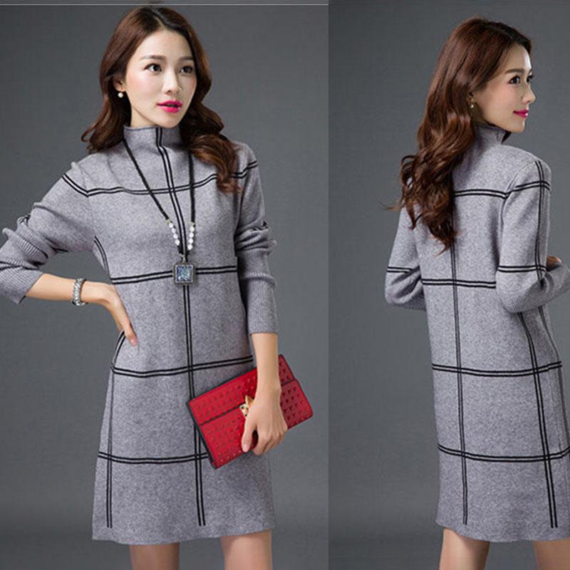 Autumn Winter Plaid Turtleneck Sweater Women Long Thick Pullover Sweater Dress All-match Bottoming Shirt Jumper Top