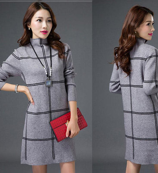 Autumn Winter Plaid Turtleneck Sweater Women Long Thick Pullover Sweater Dress All-match Bottoming Shirt Jumper Top