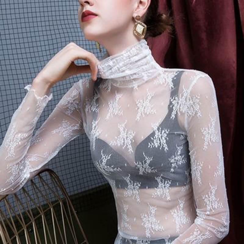 Fashionable Western-style Bottoming Shirt Autumn Lace Mesh Gauze Inner Dress Slim Sexy High-neck See-through Top