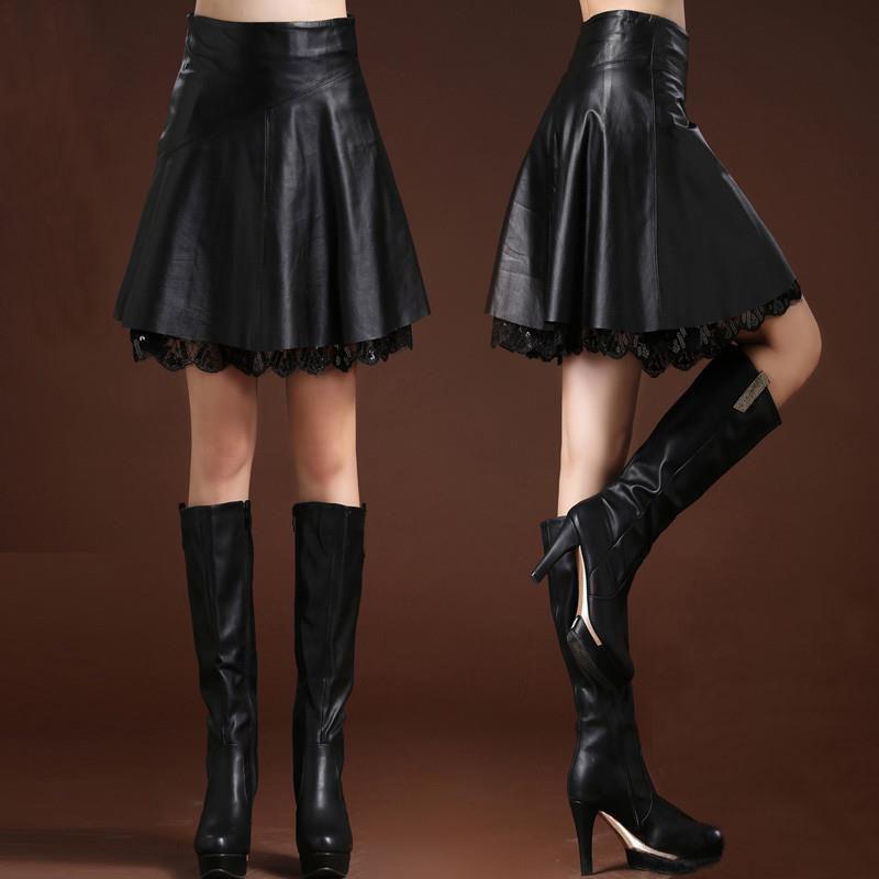 Women's Plus Size Leather Skirt High Waist Sexy Lace Stitching A-line Skirt Autumn Winter Sexy Pleated Skirt