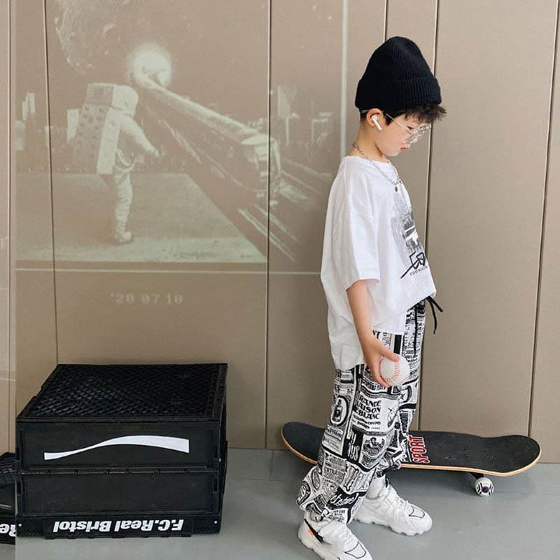 Boys Cotton Short Sleeve Summer Thin Breathable Graffiti Top + Printed Loose Pants Casual Children's Two-piece Set