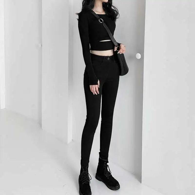 Women's High Waist Jeans Korean Style Black Pencil Pants Tight Elastic Smoke Gray Student Slim Magic Pants Long Pants