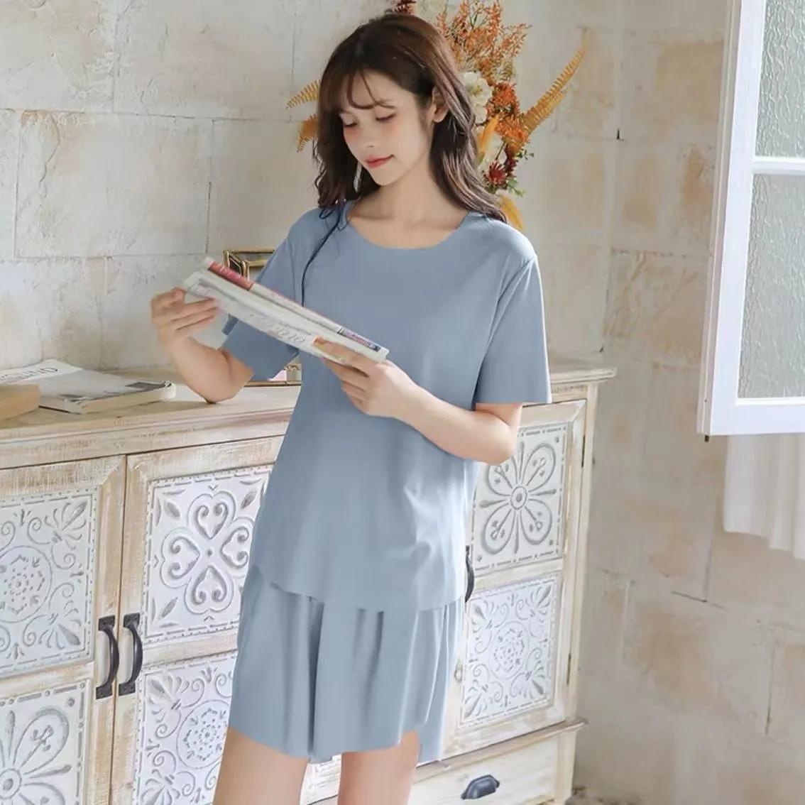 2PCS Women Ice Silk Suit Loose Cool Pajamas Summer Short Sleeve T-shirt Shorts Two Piece Suit Leisure Home Clothes Solid Thin Sets