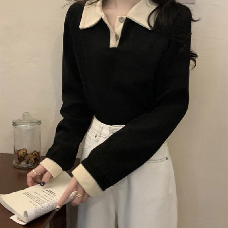 Retro Lapel Long-sleeved Knitted Sweater Women's Loose Striped Bottoming Shirt Inner Top Pullover T-shirt