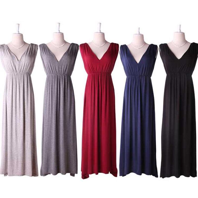 V-neck Sleeveless Long Maxi Dress Large Size Big Swing Cotton Evening Party Dress Elastic