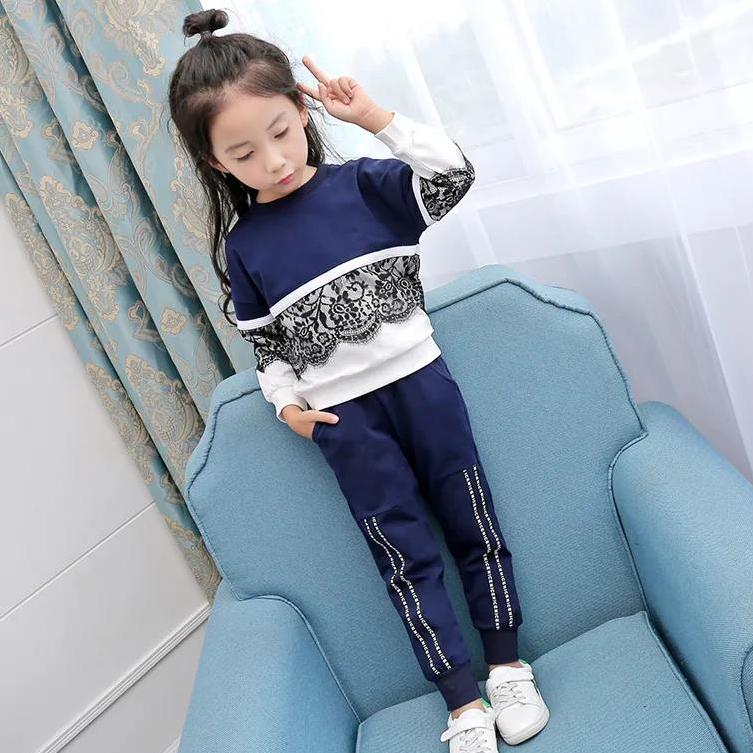 Children's Spring and Autumn 2-piece Sports Suit Korean Lace Stitching Top + Striped Letter Printed Trousers Set