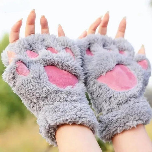 Women's Winter Cartoon Cute Cat's Claw Gloves Korean Style Plush Mittens Plus Velvet Thickening Warm Half-finger Gloves Writing Office Gloves