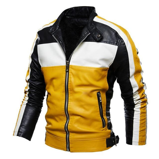 Men Yellow Leather Jacket Patchwork Biker Jacket Men Casual Zipper Coat Men Motorcycle Jacket Slim Fit Fur Lined Outwear Coat