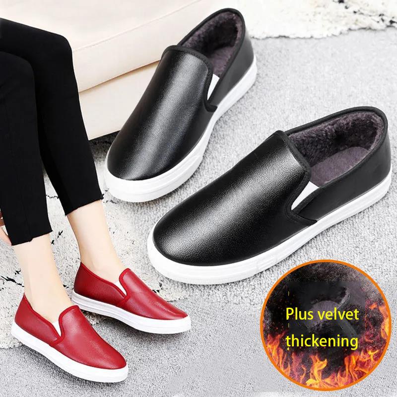 Plush Cotton Shoes Women's Flat Bottom All-match Non-slip Warmth Casual Shoes One Pedal Lazy Leather Waterproof Loafers Women Winter