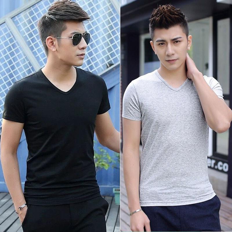 Two-piece Short-sleeved T-shirt Men's V-neck Solid Color Black Tide Top Slim Bottoming Shirt Summer T-shirt